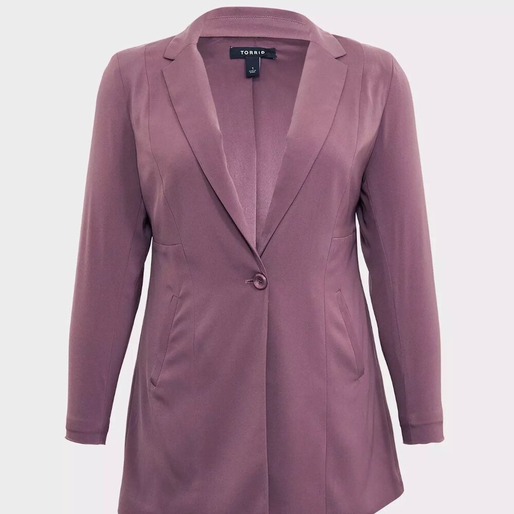 NWT TORRID Drape Front Blazer Size 0 Satin Lined Purple (Mauve) Single Button
